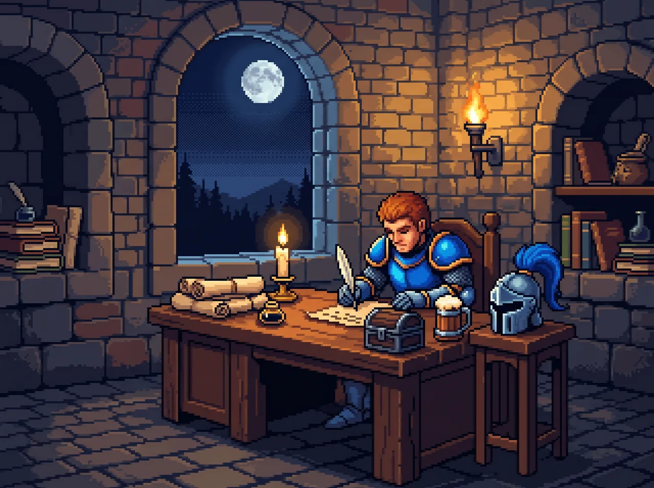 Pixel art of the knight at a candlelit writing desk, helmet off, drafting your report, his dwarf friend's beer mug within reach.