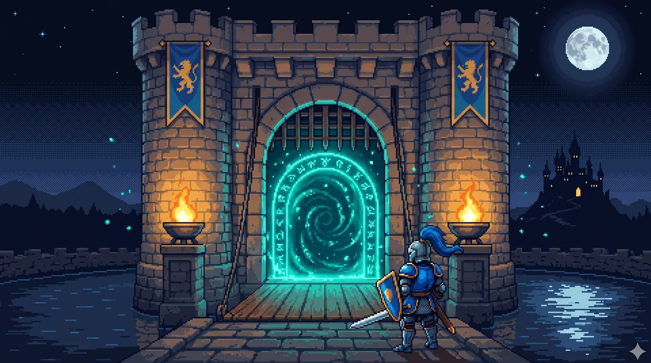 Pixel art of a castle gatehouse at night, its raised portcullis revealing a glowing teal magical gate that everything must pass through.