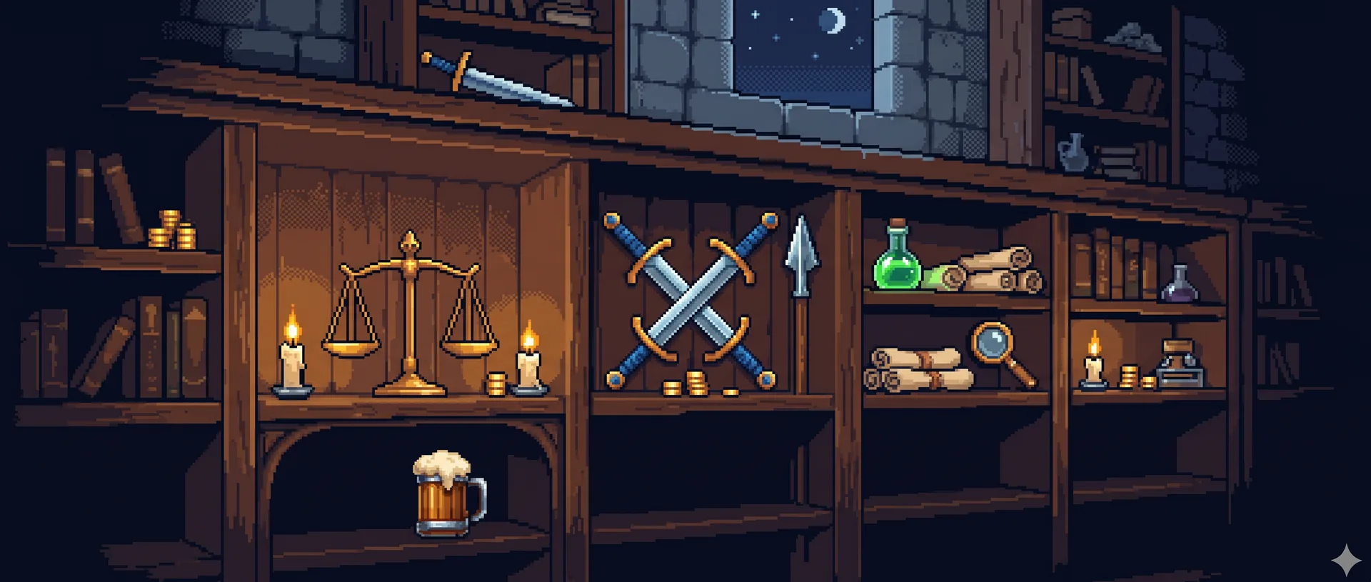 Pixel art of a candlelit armory-library shelf holding scales, swords, potions, scrolls, a magnifying glass, and a certain dwarf's beloved beer mug.