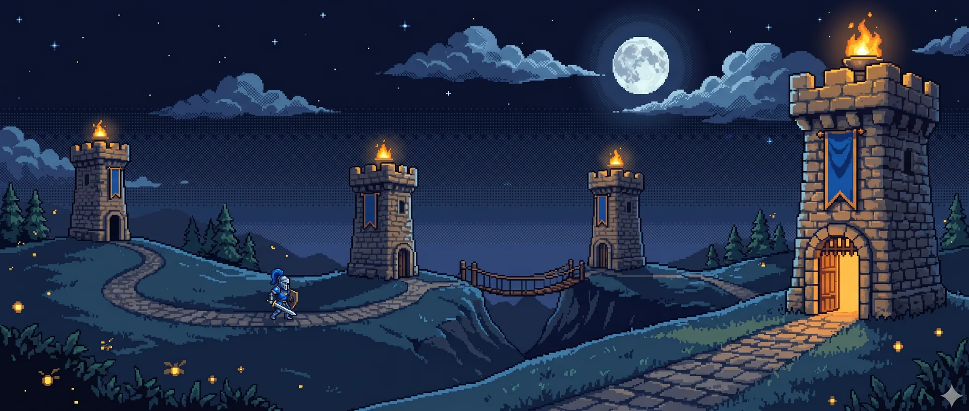 Pixel art panorama: a knight walks a winding night path connecting four lit watchtowers, the final tower's gate glowing gold.