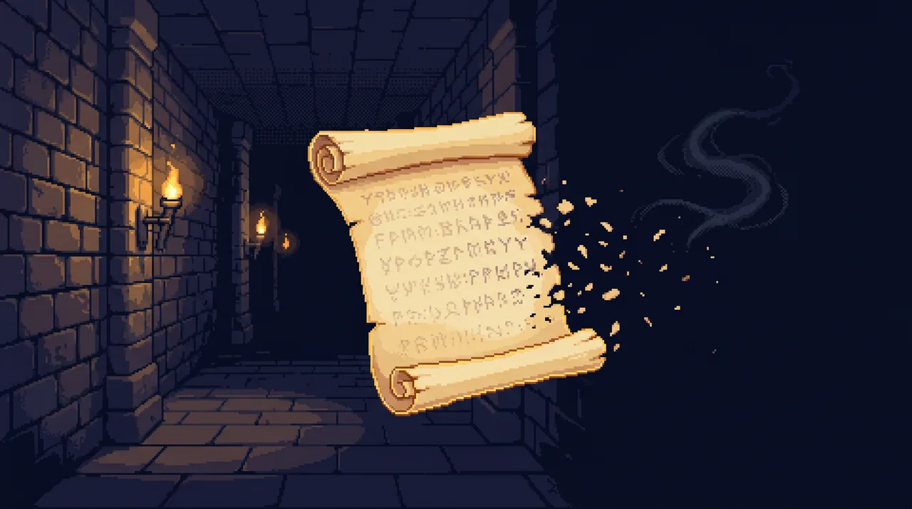 Pixel art of an aged parchment scroll in a dark dungeon corridor, its edge dissolving into drifting pixel fragments as its writing vanishes.